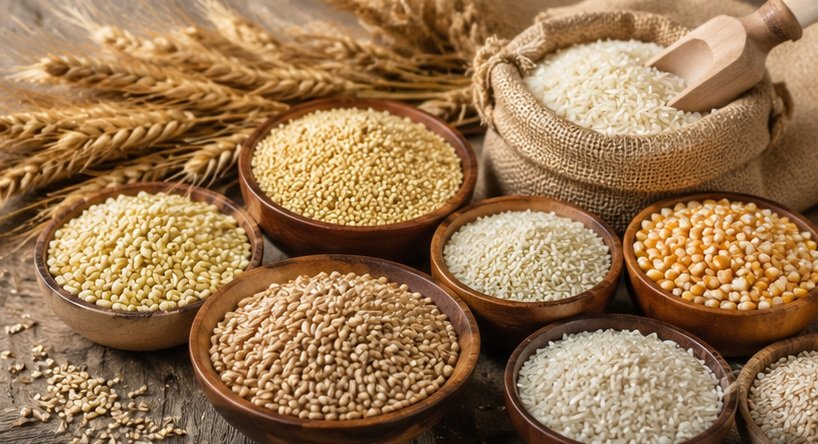 Whole grains including wheat rice barley and millets in wooden bowls