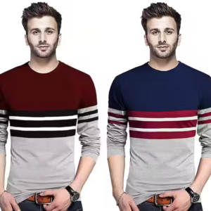 Men’s solid and striped full sleeve t-shirts pack of 2, round neck cotton blend casual wear