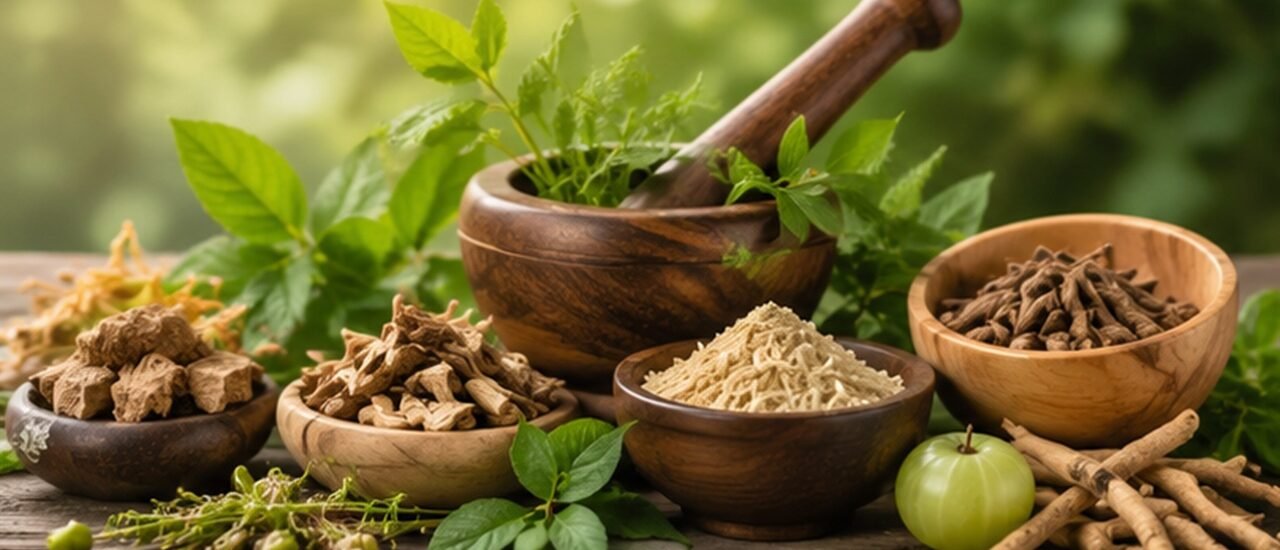 Natural Ayurvedic herbs with roots, leaves and powders on wooden background