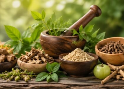 Natural Ayurvedic herbs with roots, leaves and powders on wooden background