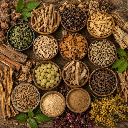 Collection of Ayurvedic raw herbs with dried roots, leaves, powders, seeds, and medicinal ingredients
