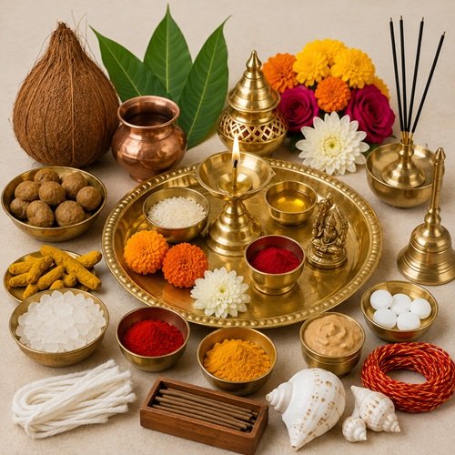 Traditional Hindu Puja Samagri items arranged beautifully for पूजा rituals and spiritual worship