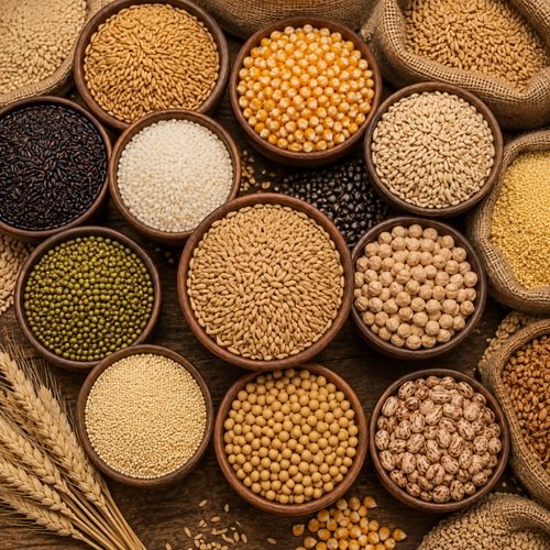 Assorted whole grains collection including wheat, rice, barley, millet, corn, and pulses in wooden bowls