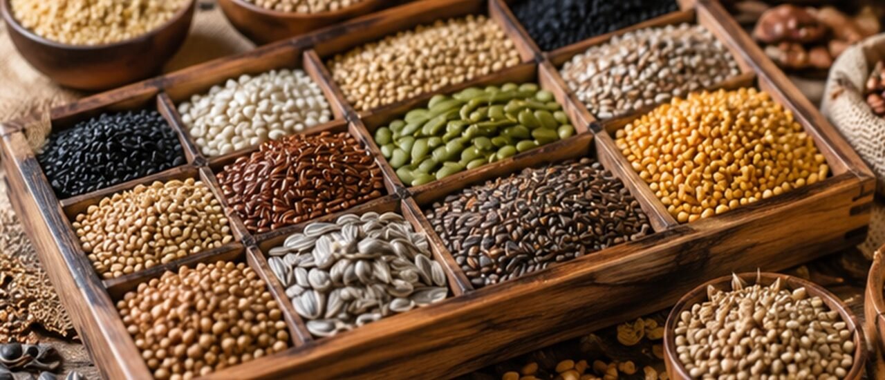 Variety of whole seeds including cumin mustard fennel and flax seeds