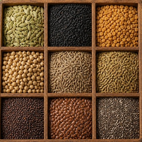 Assorted whole seeds collection including fennel, cumin, coriander, flax, chia, and mustard seeds