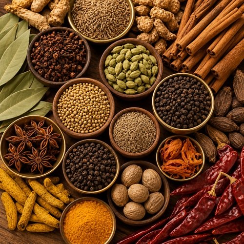 Assorted whole spices collection including cloves, cardamom, cinnamon, black pepper, and star anise